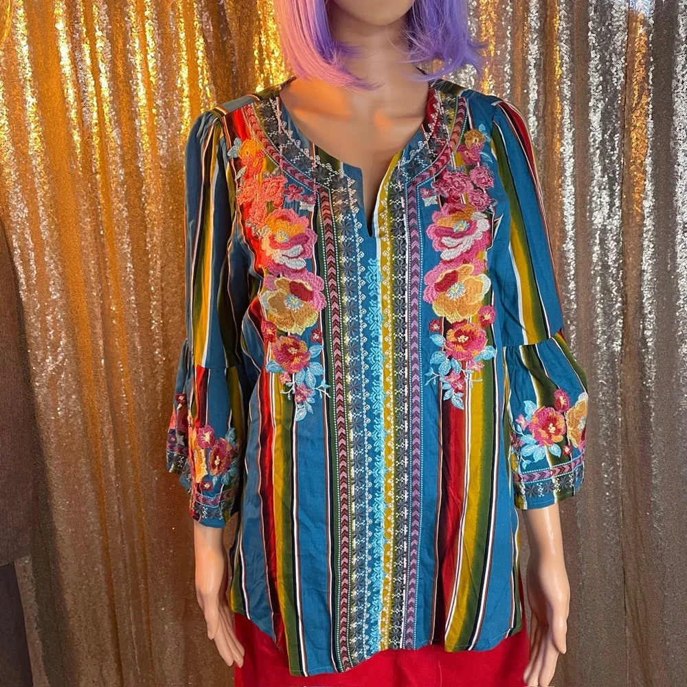 Savanna Jane Embroidered Blouse bell sleeves boho hippie turquoise colorful SZ S - Picture 5 of 11